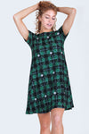 Stay Lucky 4-Leaf Clover Plaid Printed Dress with Pockets