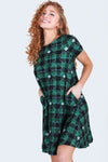 Stay Lucky 4-Leaf Clover Plaid Printed Dress with Pockets