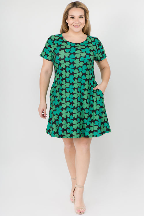 Plus Size Lucky Green 4-Leaf Clover Printed Dress