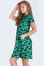 Lucky Green 4-Leaf Clover Printed Dress with Pockets