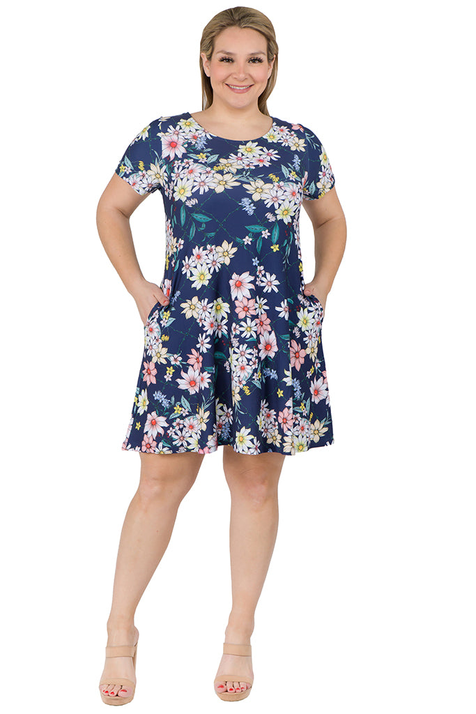 Plus Size Fresh as a Daisy Short Sleeve Skater Dress with Pockets
