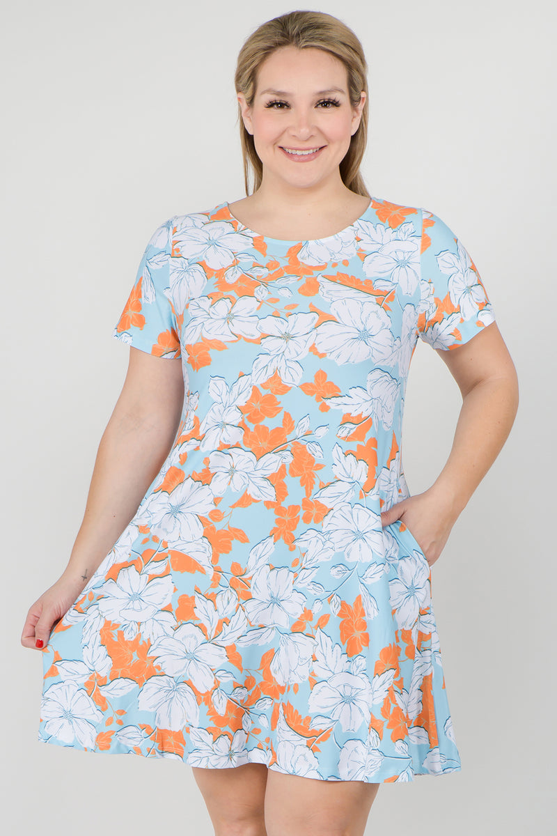Plus Size Tropical Bloom Short Sleeve Loose Fitted Dress with Pockets
