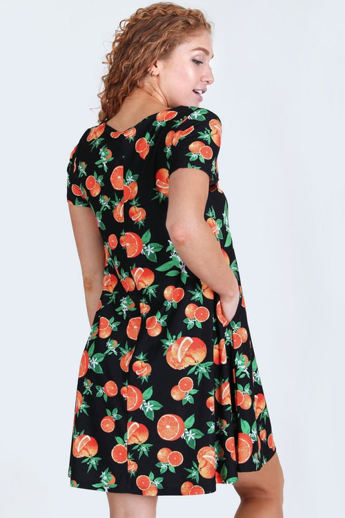 Orange Fruit Dress with Pockets