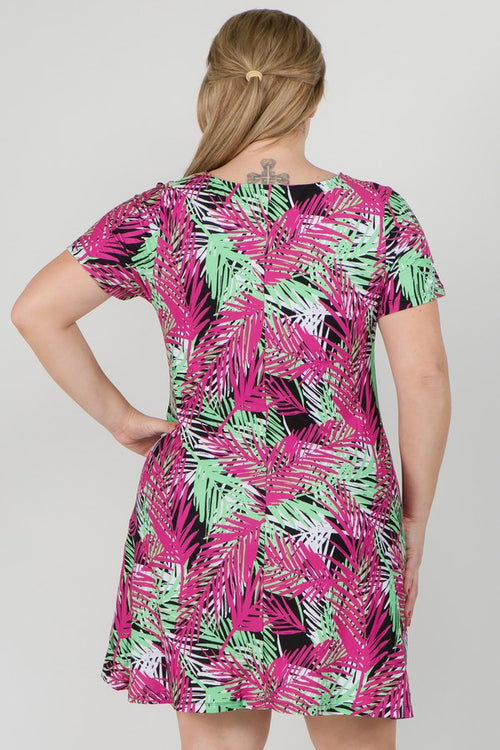 Multi Colored Palm Leaf Dress with Pockets Plus