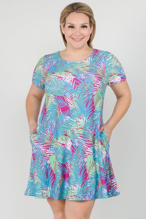 Plus Size Colorful Palm Leaf Print Flowy Dress
