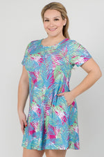 Multi Colored Palm Leaf Dress with Pockets Plus