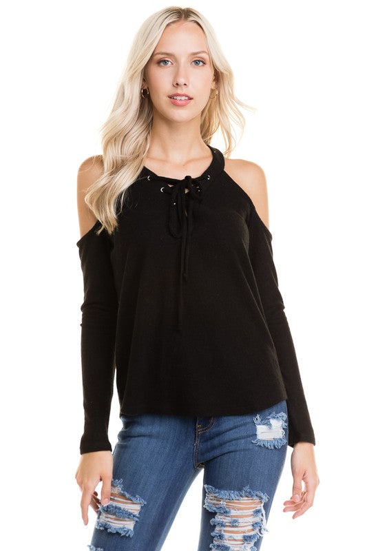 Soft Cold Shoulder Lace-Up Top ICONOFLASH