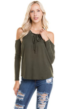 Soft Cold Shoulder Lace-Up Top ICONOFLASH