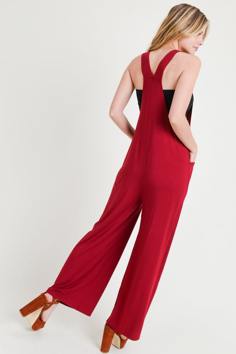 burgundy wide leg jumpsuit with pockets