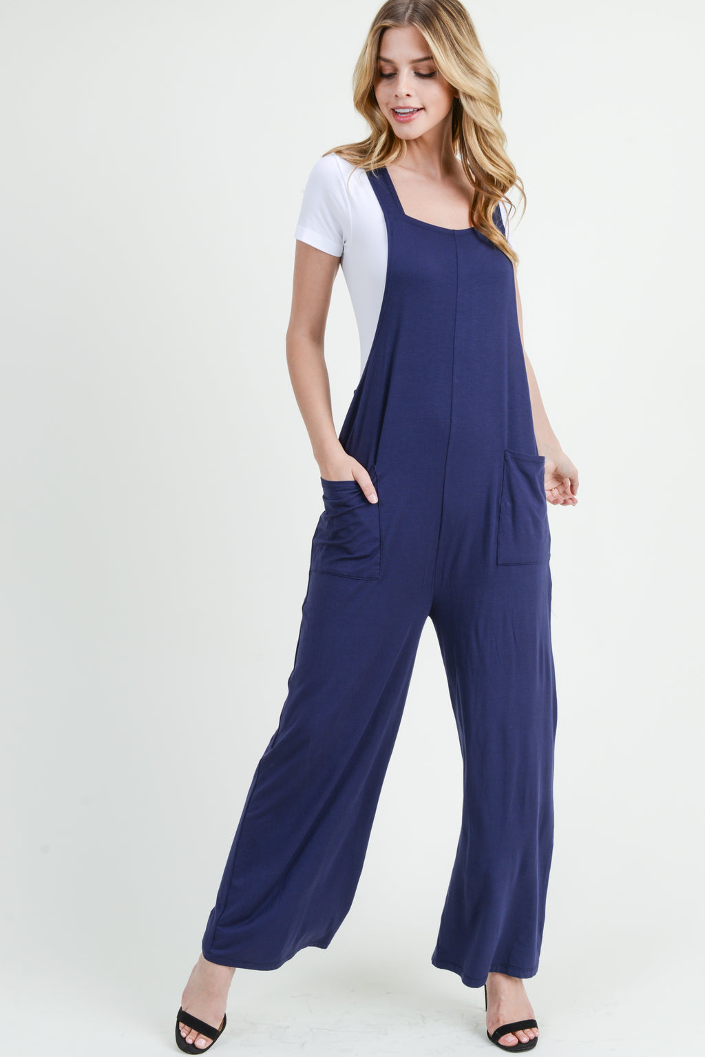 navy blue overalls with two pockets