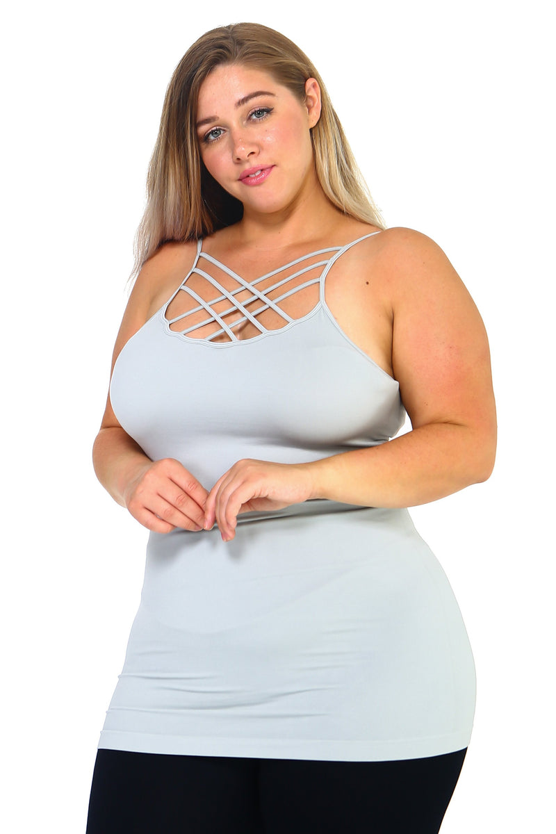 Women's Plus Size Seamless Criss-Cross Camisole. • Strappy detail on front  • Seamless design • Longline hem • Fits your body like a glove • Spaghetti  Straps • Ultra Soft • Stretchy