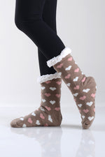 Hearts Printed Faux Sherpa Thermal Slipper Socks ICONOFLASH