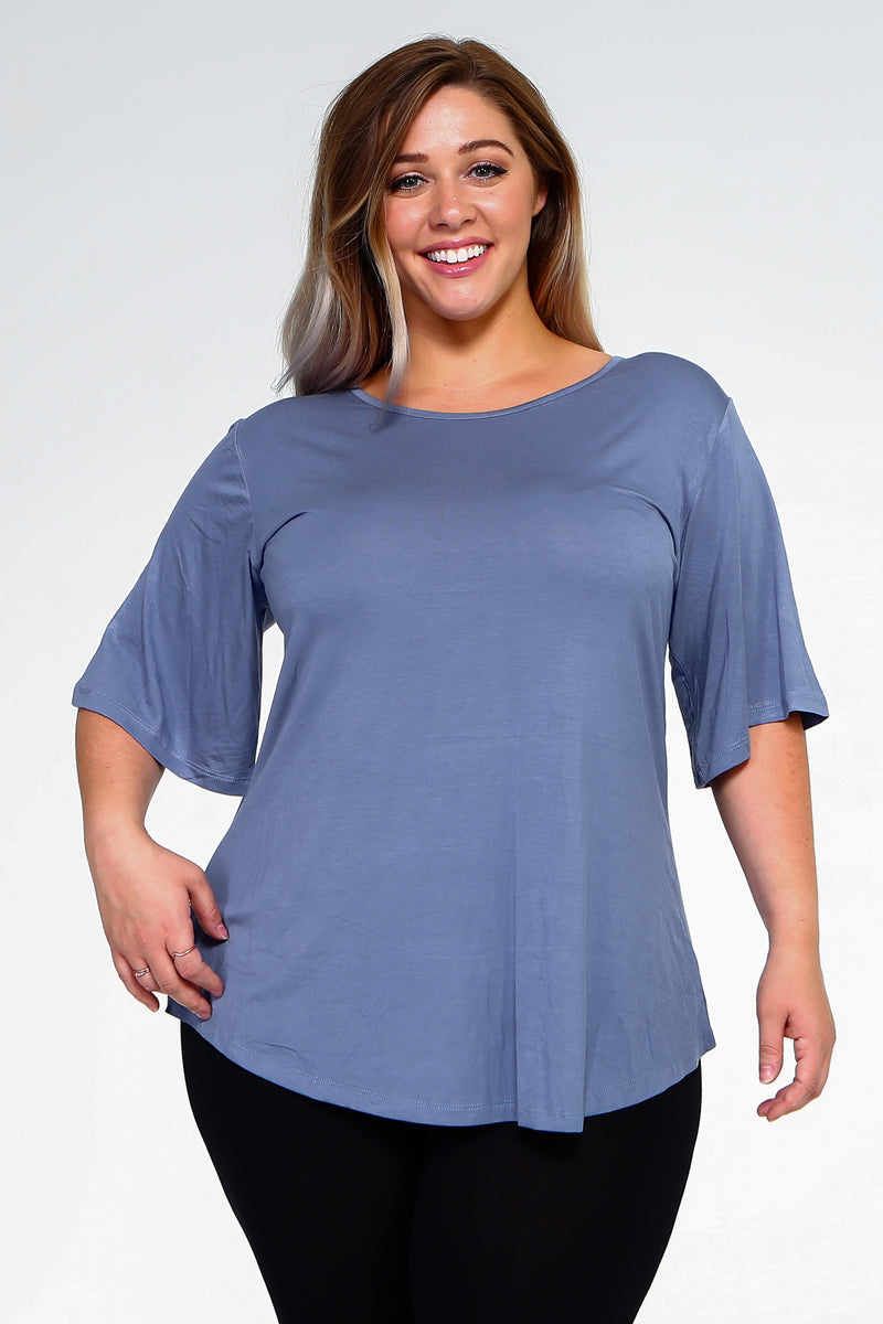 slate blue bell sleeve top for women plus size 