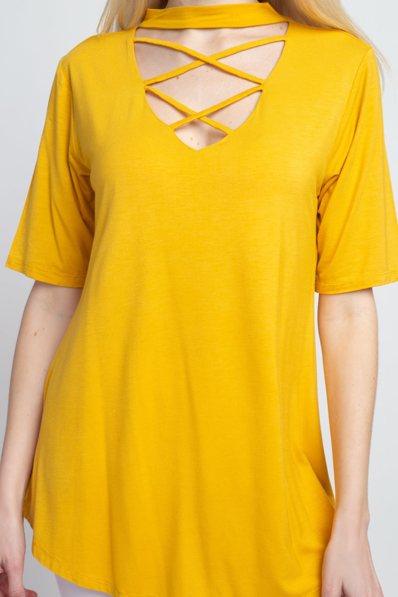 Strappy Choker Neck Detail Short Sleeve Top