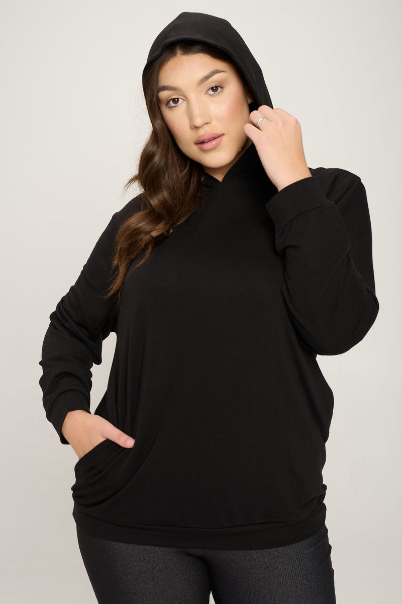 Women Plus Size Casual Drawstring Mesh Design Black Hoodie Sweatshirt