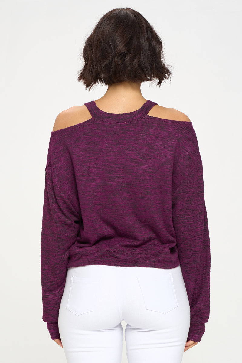 Cropped Heather Knit Cold Shoulder Sweater