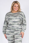 Plus Size Relaxed Green Camo Print Pullover Top