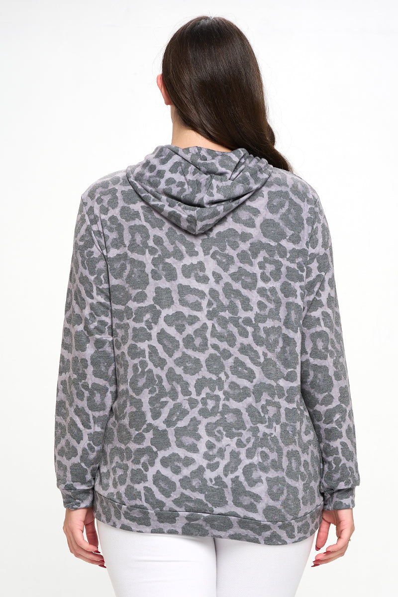 Plus Size Relaxed Snow Leopard Pocket Hoodie