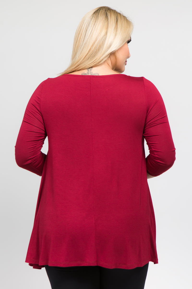 burgundy plus size tunic tops with sleeves