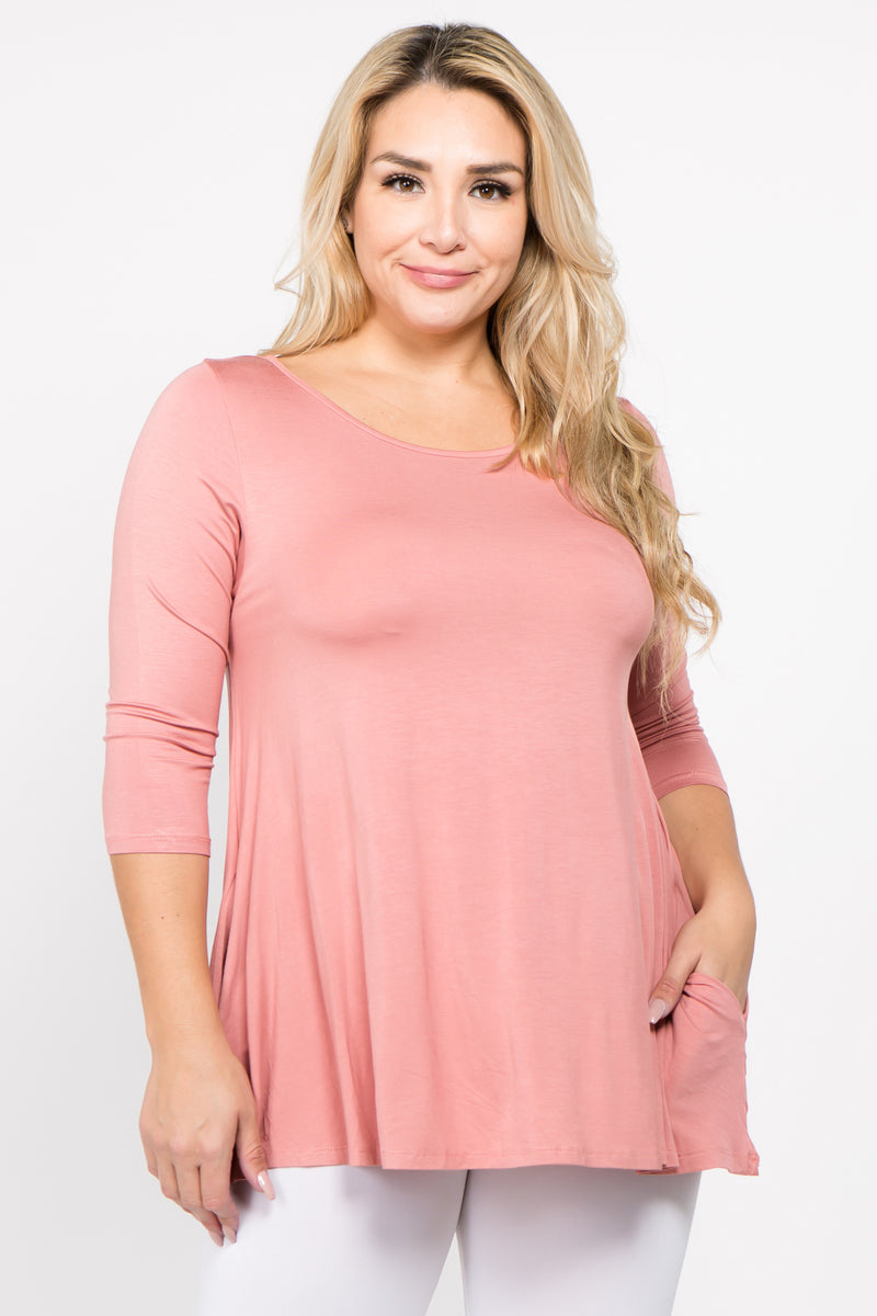 dusty mauve 3/4 sleeve tunic top with pockets