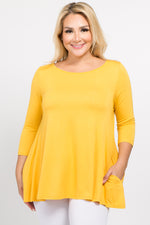 mustard 3/4 sleeve tunic top with pockets plus size 