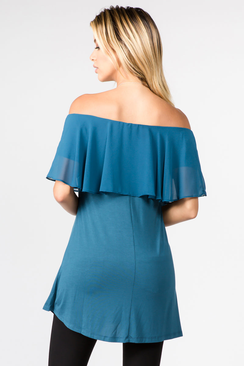 turquoise off the shoulder chiffon blouse