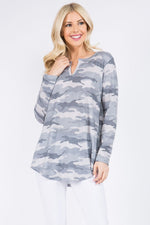 Front Notch Camo Print Tunic Top