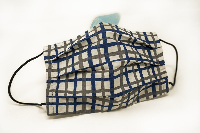 Navy Grey Grids Cotton Mask with Nose Wire Filter Pocket