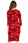 red camo bodycon 3/4 sleeve dress